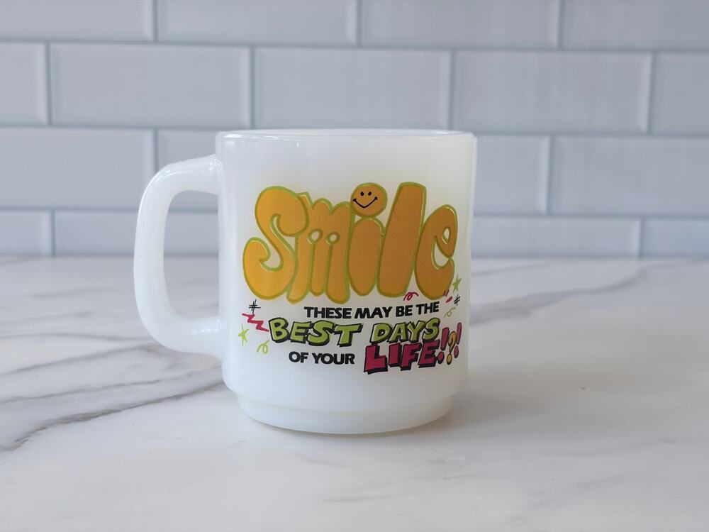 Vintage Smile Best Days of Your Life Milk Glass Coffee Mug Retro Graphic